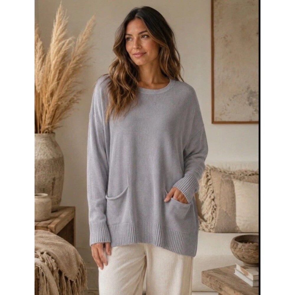 Pure J Jill Tunic Sweater Women XS Gray Oversized Pocket Cotton Knit Lagenlook
